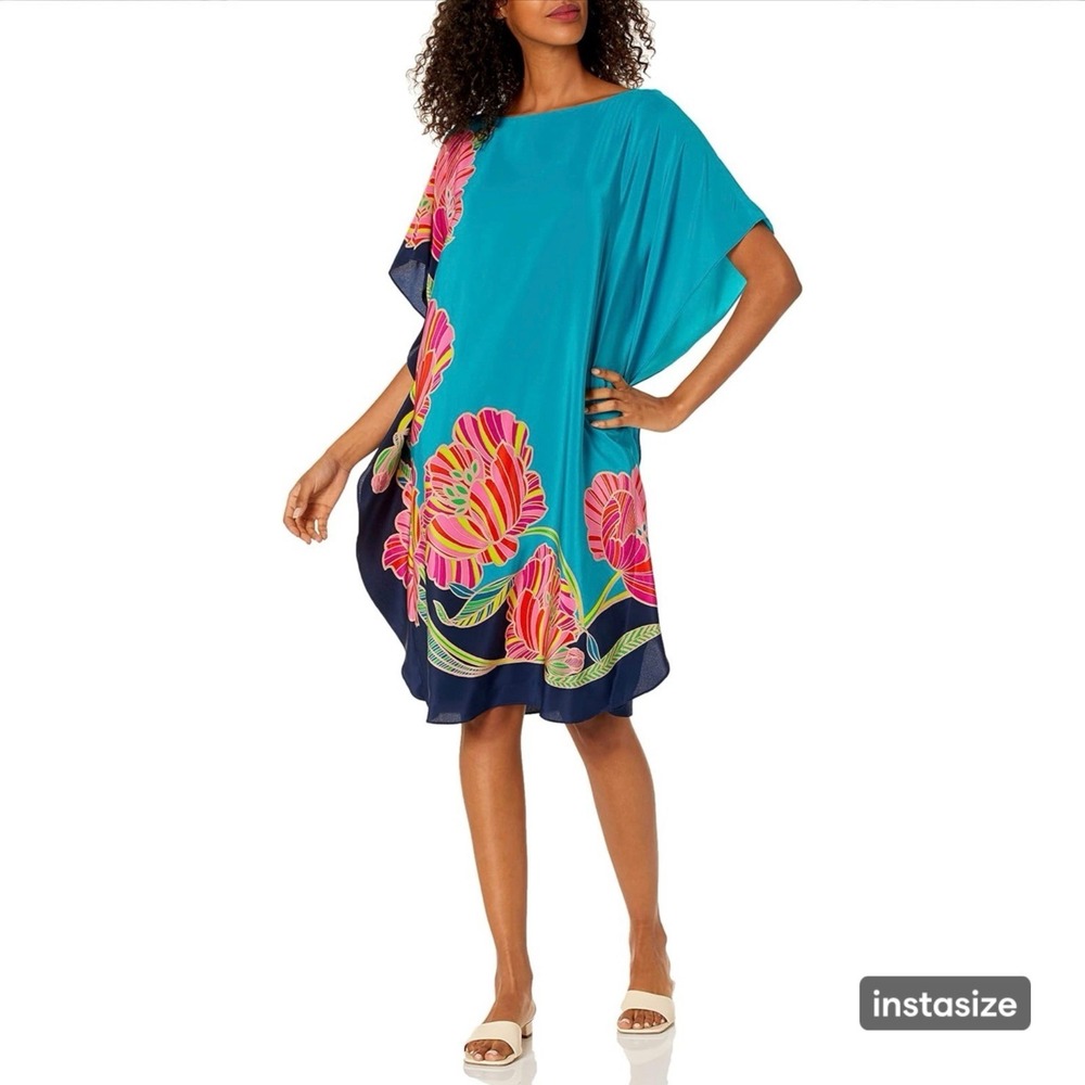 Trina Turk Large Silk Teal Blue Global Bateau Neck Floral Print Shift Dress